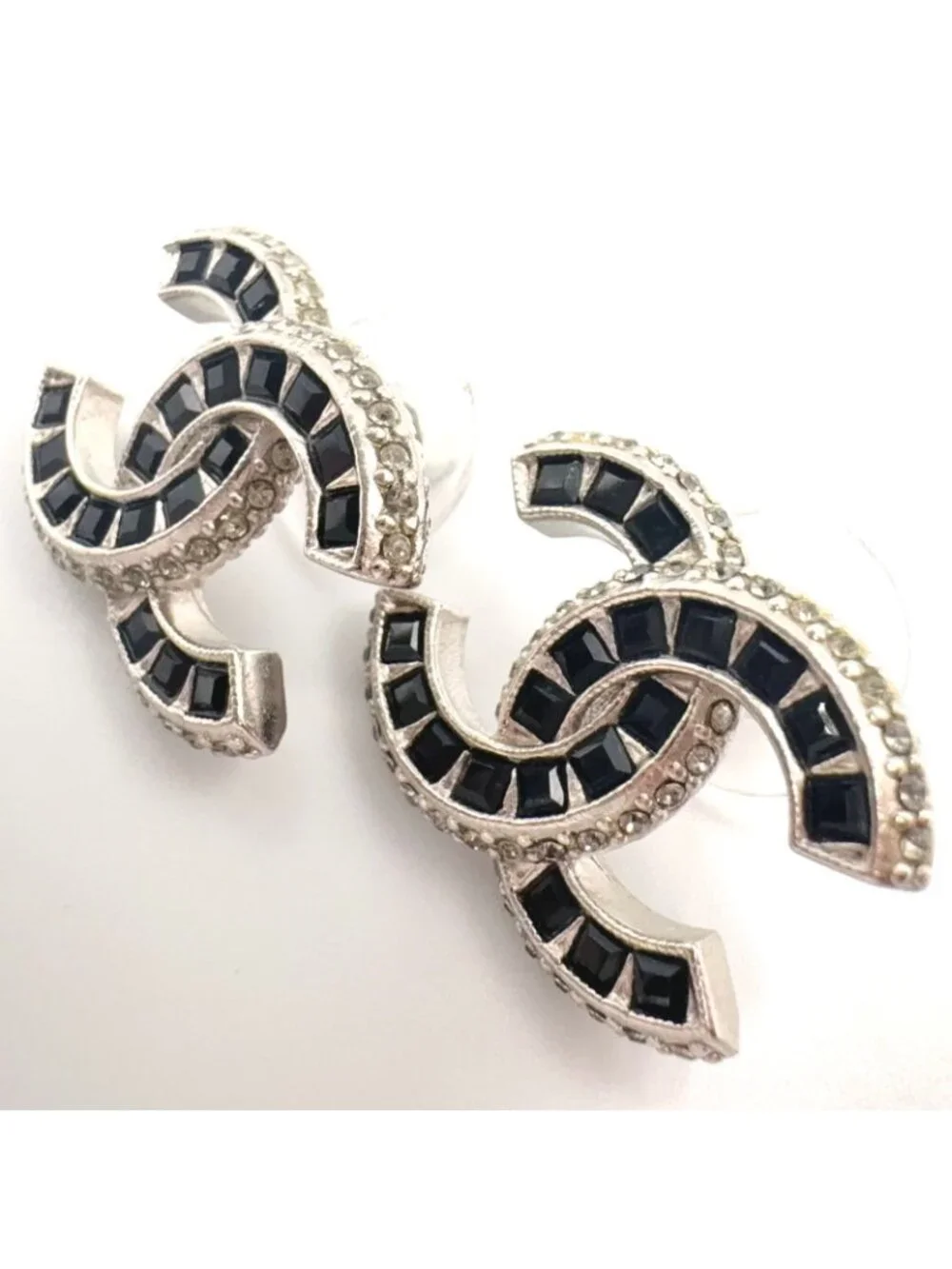 Chanel CC Logo Metal Rhinestone Color Stone Silver Black Earrings